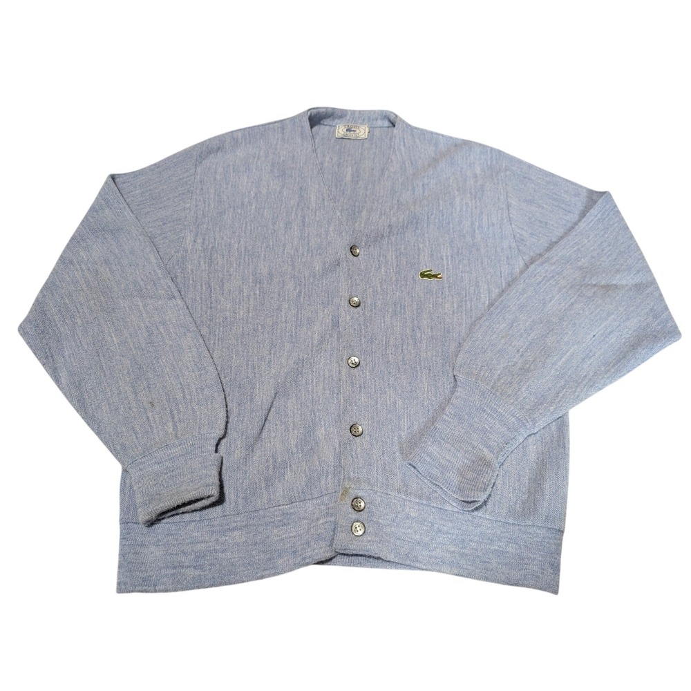 Vintage Izod Lacoste Cardigan Mens Medium Blue V-Neck Button Front Logo